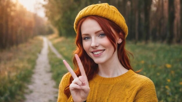 Fröhliche, ausgehende und glückliche, charismatische, rothaarige Frau in gelbem Pullover mit dem Friedenszeichen Nummer t