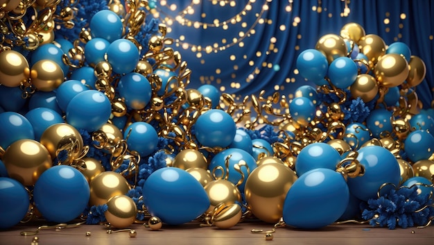 Fröhliche blau-goldene Weihnachtsballonfeier - eine freudige Atmosphäre