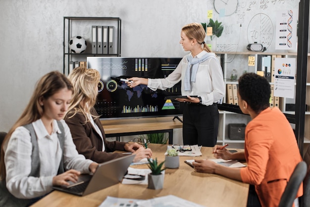 Fröhliche blonde Frau, die mit verschiedenen Grafiken und Diagrammen auf einen Monitor zeigt