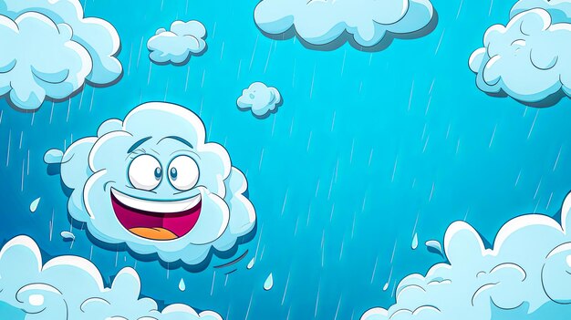 Fröhliche Cartoon-Wolke mit blauer Flüssigkeit regnet inmitten der Natur azurfarbener Kulisse