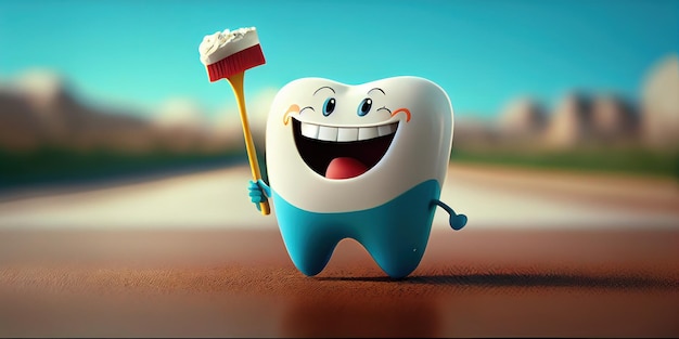 Fröhliche Cartoon-Zahnfigur Konzept zur Reinigung und Aufhellung der Zähne Generative KI