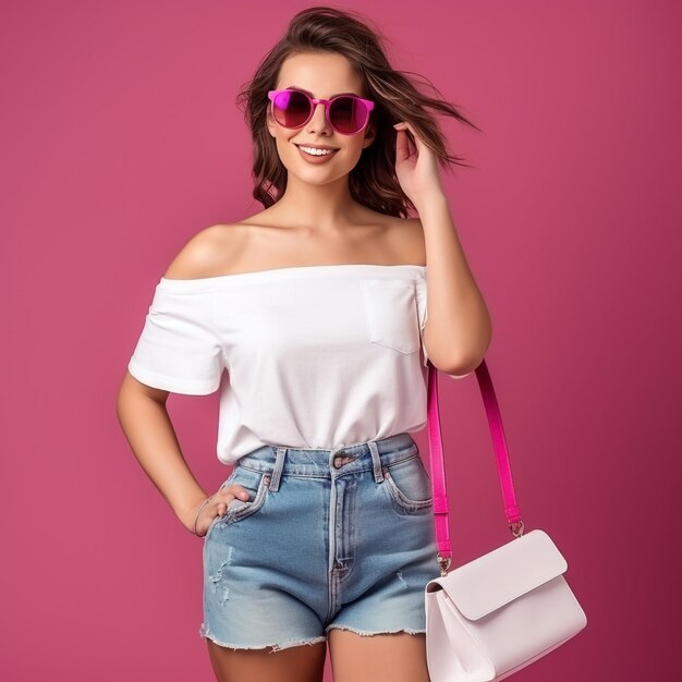 Foto fröhliche dame mit sonnenbrille, die mit bunten einkaufstüten in den händen vor rosa hintergrund steht