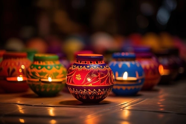 Fröhliche Diwali-Ton-Diya-Lampen, die während Diwali angezündet werden