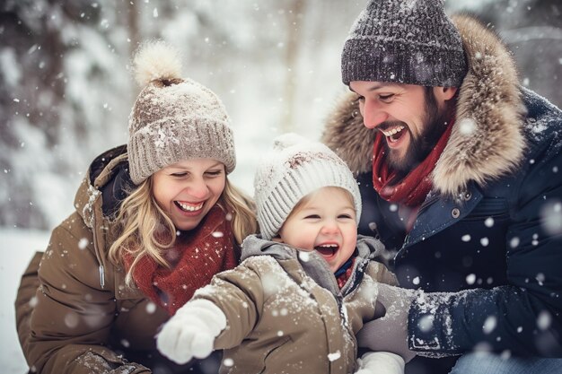 Foto fröhliche eltern spielen mit ihren kindern in der weihnachtszeit im schnee