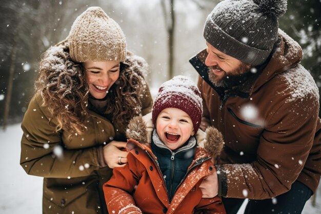 Foto fröhliche eltern spielen mit ihren kindern in der weihnachtszeit im schnee