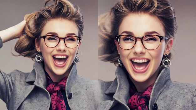 Fröhliche, emotionale junge europäische Frau in Brille und grauem Mantel mit stilvollen runden Ohrringen