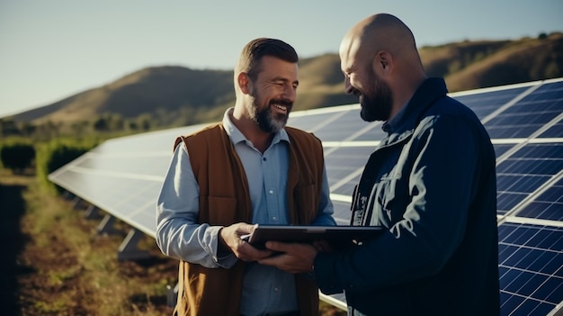 Foto fröhliche erwachsene männliche ingenieure in hardhats und westen überprüfen die baupläne eines solarkraftwerks.