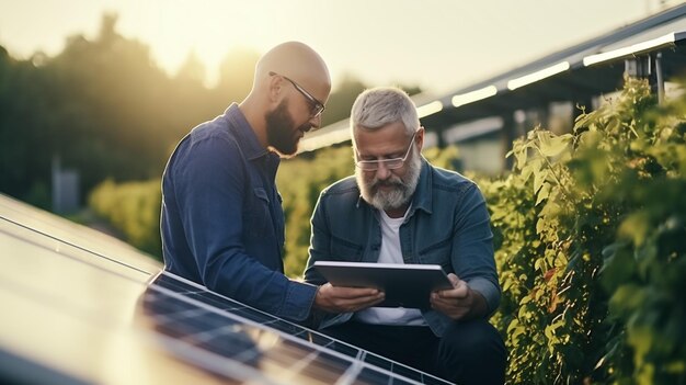 Foto fröhliche erwachsene männliche ingenieure in hardhats und westen überprüfen die baupläne eines solarkraftwerks.