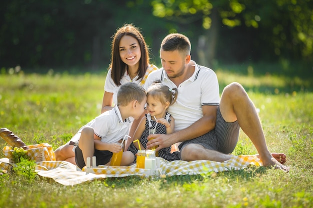 Fröhliche Familie beim Picknick. Eltern essen mit ihren Kindern im Freien zu Abend.