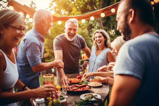 Fröhliche Familie feiert Sommerfest im Freien. Gruppe von Menschen unterschiedlichen Alters und unterschiedlicher ethnischer Zugehörigkeit