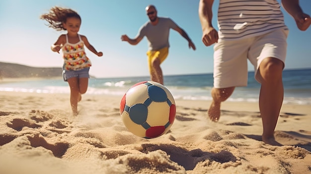 Fröhliche Familie spielt Fußball am sonnigen Strand Glück in einfachen Aktivitäten Sommerurlaub Spaß KI