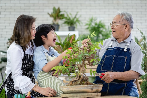 Fröhliche Familiengärtnerei im Garten, Großvater, Enkel und Frau, die sich um die Natur kümmern