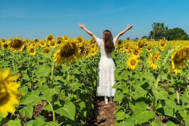 Fröhliche Frau mit erhobenen Armen und genießen mit Sonnenblumenfeld