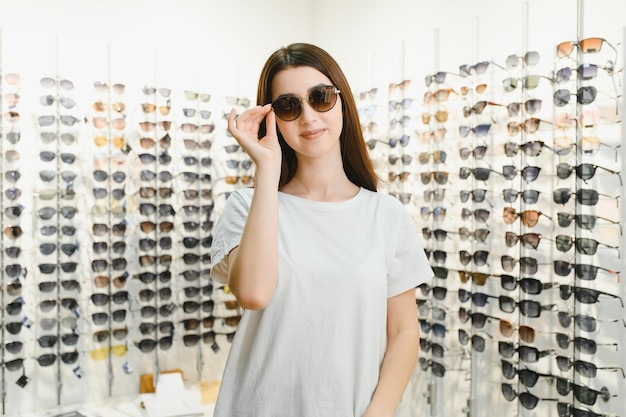 Fröhliche Frau mit Sonnenbrille in einem Optikgeschäft Fröhliches Mädchen, das trendige Sonnenbrillen zum Verkauf anprobiert