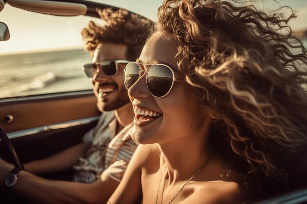 Foto fröhliche frau mit trendiger sonnenbrille im auto