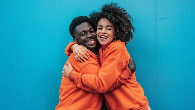 Fröhliche Frau und Mann in orangefarbenen Sweatshirts umarmen sich an der blauen Wand