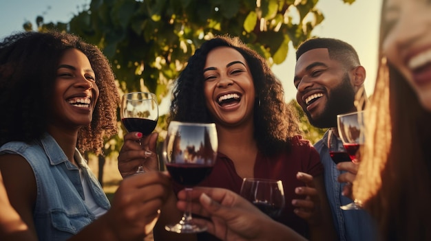 Fröhliche Freunde beim Abendessen auf der Sommergartenparty