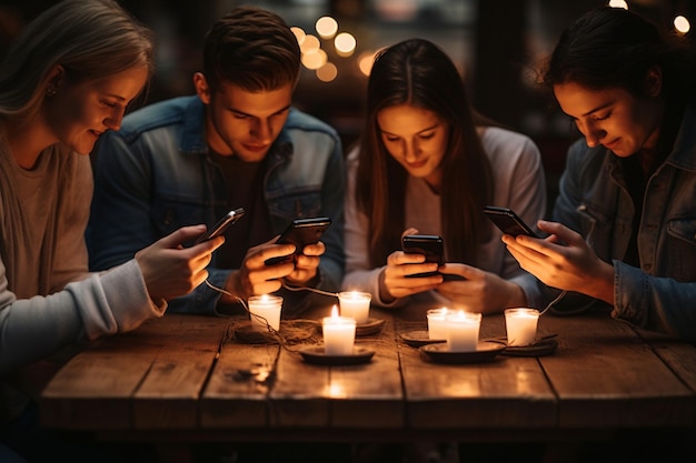 Fröhliche Freunde, die sich auf einem Smartphone mit generativer KI mit sozialen Medien beschäftigen