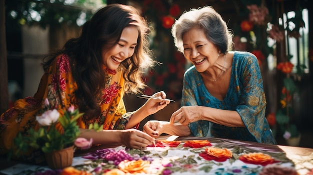 Fröhliche Freunde genießen einen blumigen Garten, lächeln und verbinden sich mit positiven Emotionen