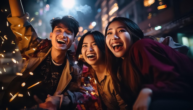 Fröhliche Freunde machen Selfies Chinesisches Neujahrskonzept