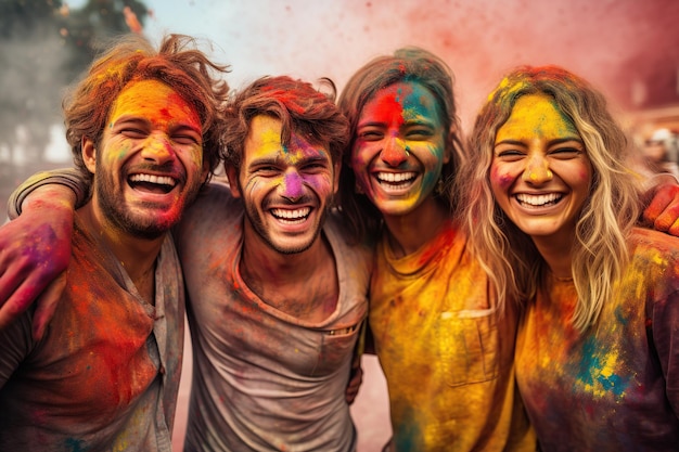 Fröhliche Freunde mit farbenverschmiertem Gesicht auf dem Holi-Fest