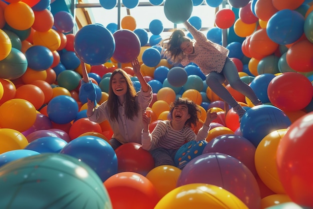 Fröhliche Freunde spielen in einer farbenfrohen Ballgrube in einem