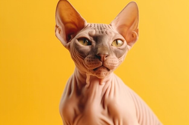 Fröhliche, fröhliche Katze Sphynx auf hellgelbem Hintergrund, generative KI