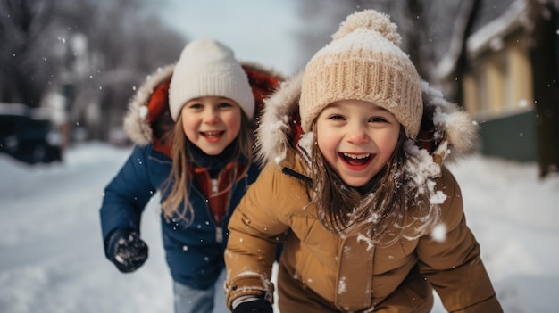 Fröhliche Geschwister, die Spaß im Schnee haben