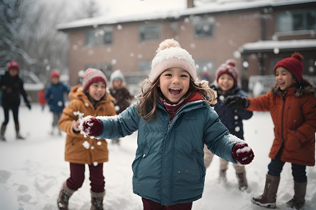 Fröhliche, glückliche Kinder spielen im Winter und lassen Schneebälle aufeinander werfen