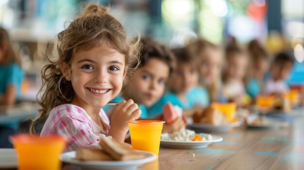 Foto fröhliche, glückliche, süße, lustige studenten. kinder essen in der schule, in der cafeteria, im esszimmer, in der kantine.