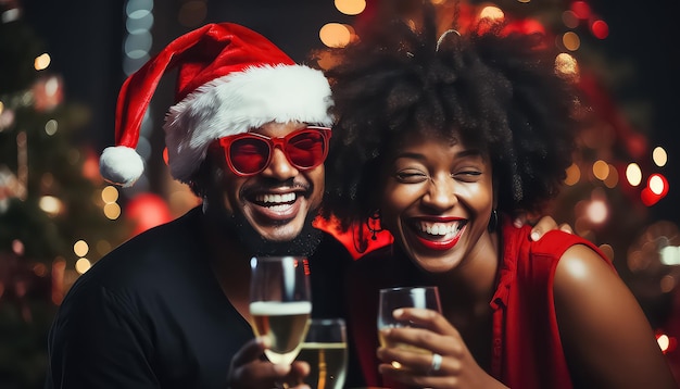 Fröhliche Gruppe multiethnischer Menschen, die sich bei der Weihnachtsnachtparty mit Weihnachtsmütze amüsieren