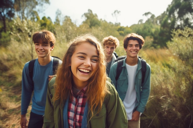 Fröhliche Gruppe von Freunden mit Rucksäcken zum Wandern, die im Sommer durch den Wald gehen und die Natur erkunden