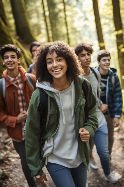 Fröhliche Gruppe von Freunden mit Rucksäcken zum Wandern durch den Wald und der Erforschung der Natur im Sommer