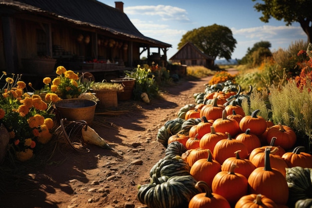 Fröhliche gruselige Halloween-Kürbisse im gruseligen alten Hausgarten