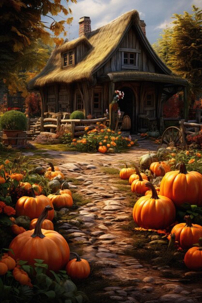 Fröhliche gruselige Halloween-Kürbisse im gruseligen alten Hausgarten
