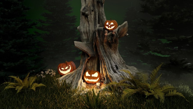 Fröhliche Halloween Jackolantern leuchtende Kürbisse im Wald Tag der Toten fabelhafte Fantasy-Landschaft Horror-Mysterium 3D-Rendering