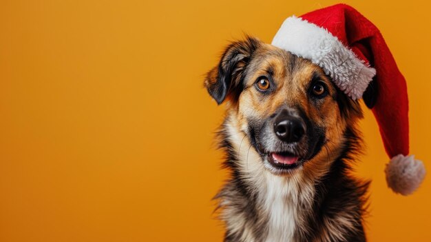Fröhliche Hundefeier Ein festlicher Hündchen mit Weihnachtsmütze auf einer sonnigen goldenen Leinwand