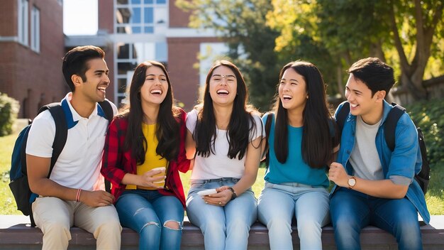 Fröhliche indisch-asiatische junge Gruppe von Studenten oder Freunden, die zusammen lachen, während sie sitzen