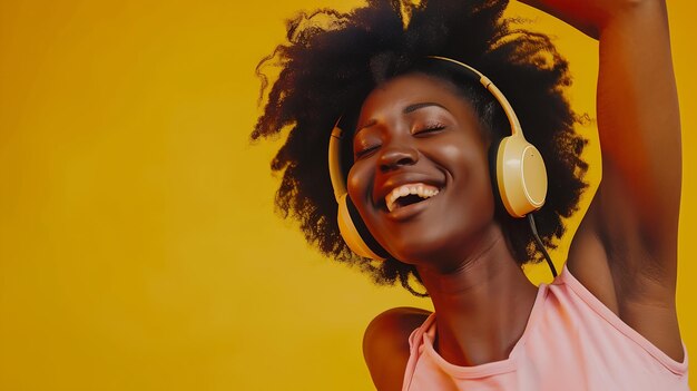 Fröhliche junge afroamerikanische Blogger genießen ihre Lieblings-Playlist in Kopfhörern-Liste Generative KI
