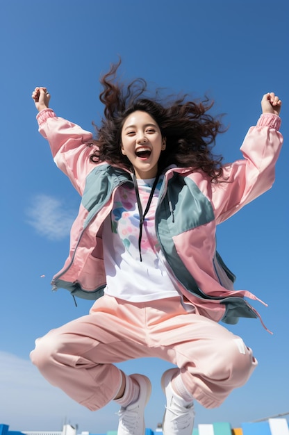 Fröhliche junge Asiatin springt vor Freude in die Luft