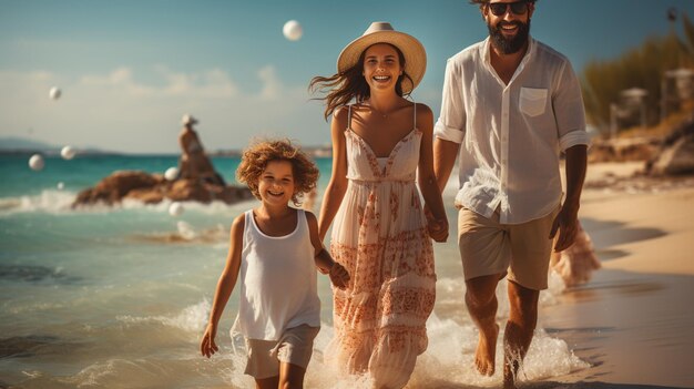 Fröhliche junge Familie läuft am Strand mit Kopierplatz Spielhafte lässige Familie genießt