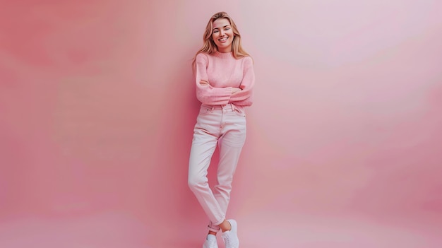 Foto fröhliche junge frau in stilvollem rosa outfit posiert mit gekreuzten armen auf rosa hintergrund
