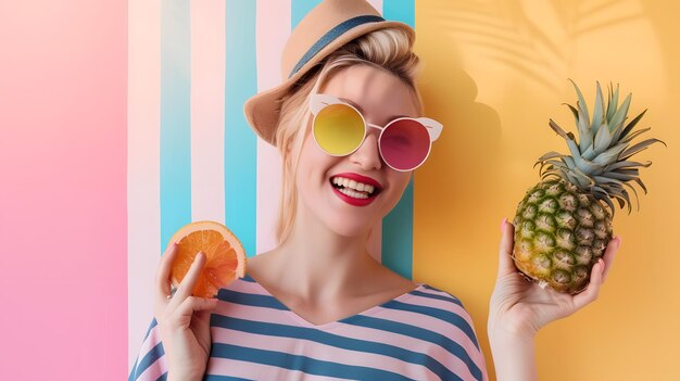 Fröhliche junge Frau in stilvollem Sommerkleidung und Sonnenbrille hält eine Ananas und eine Grapefruit