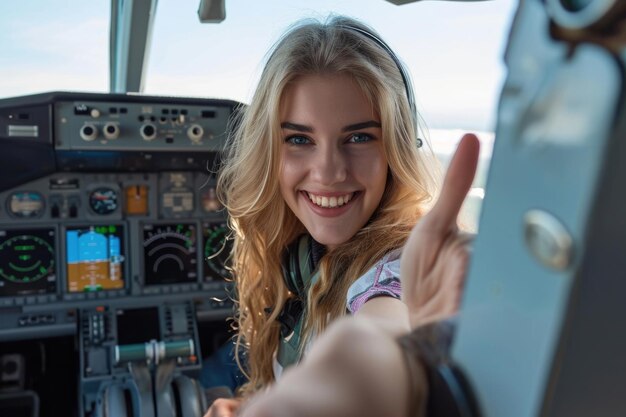 Foto fröhliche junge frau macht die daumen-auf-geste im flugzeug