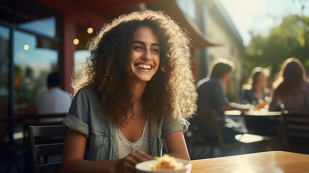 Fröhliche junge Frau mit lockigem Haar genießt eine Mahlzeit in einem sonnigen Café im Freien