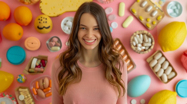 Fröhliche junge Frau mit verschiedenen Pillen, Vitaminen und Nahrungsergänzungsmitteln auf rosa Hintergrund