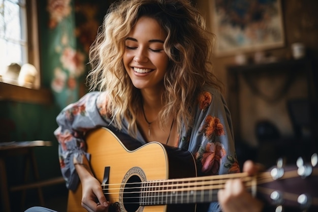 Fröhliche junge Frau spielt Akustikgitarre im Wohnzimmer. Generative KI