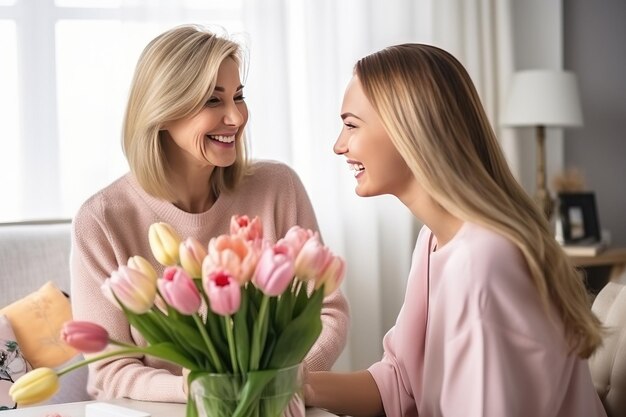 Fröhliche junge Frau umarmt glückliche ältere Frau mit geschlossenen Augen und schenkt Blumen Generative KI