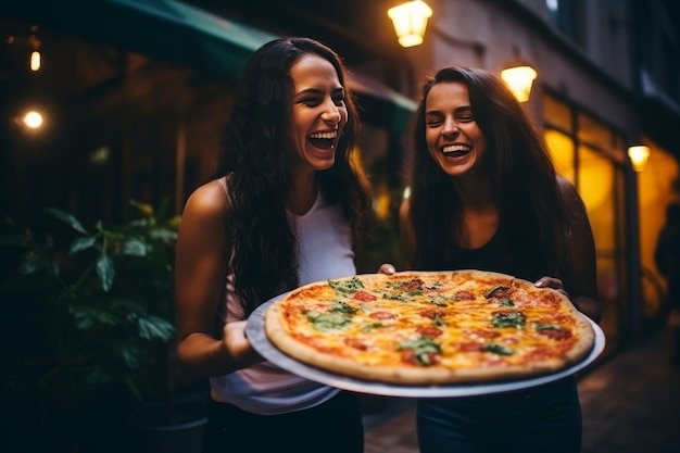 Fröhliche junge Freundinnen haben Spaß und essen zusammen leckere Pizza in der Stadt