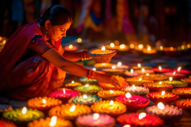 Fröhliche junge Inderin im Sari hält brennende Öllampe bei Bokeh-Kerzen in der Hand Diwali-Hintergrund Traditionelles Lichterfest Deepavali-Feier generierte KI